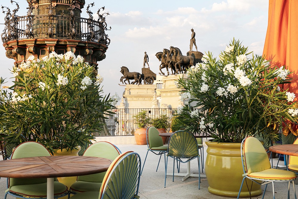 terraza en verano con flores de colores en un rooftop en Madrid al aire libre con mobiliario en colores vivos