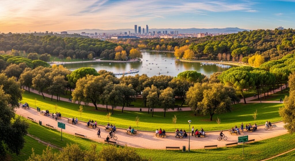 parque con árboles verdes y con un lago en el centro en Madrid