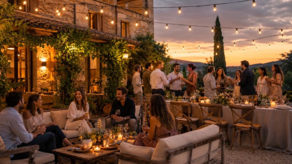 Grupo de compañeros disfrutando de una fiesta de empresa al aire libre al atardecer en una masía rústica con luces de guirnalda, velas y vistas a la montaña