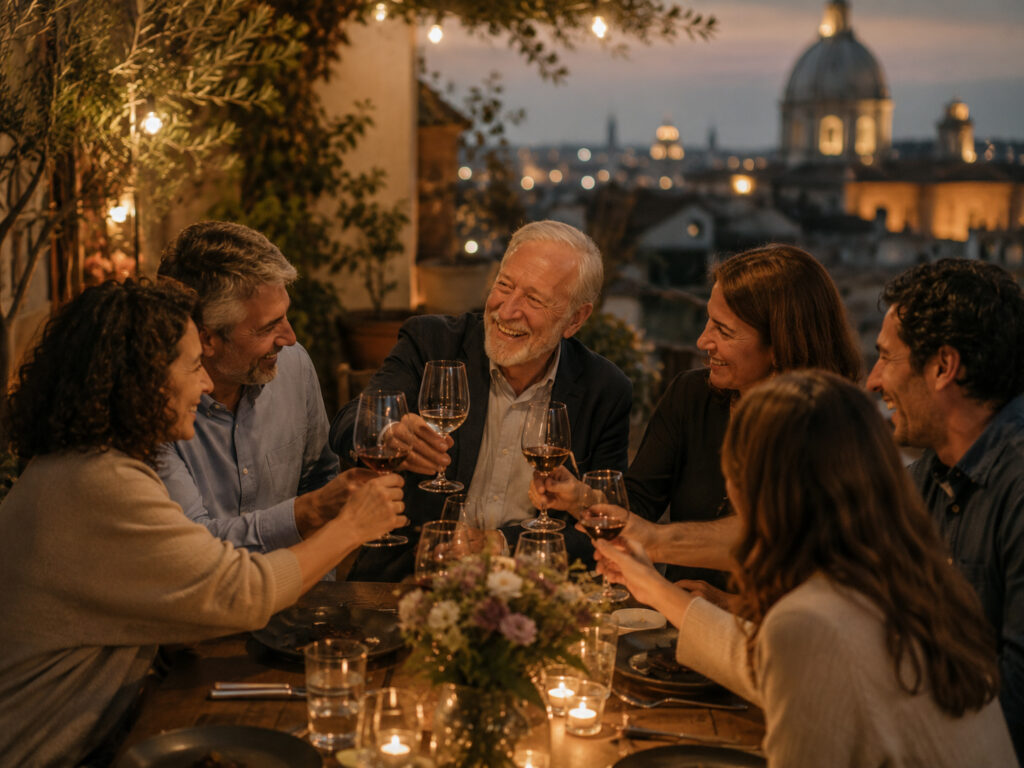 Grupo brindando en una cena al aire libre al atardecer con velas y vistas de la ciudad