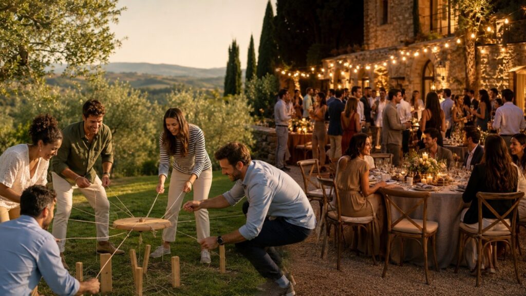 Compañeros jugando a juegos de madera al aire libre durante fiesta de empresa en masía rústica al atardecer con cena y guirnaldas de luz de fondo