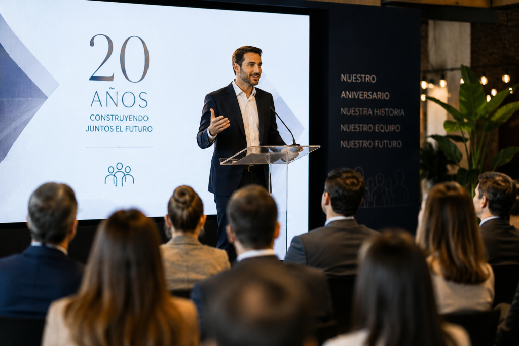 Ponente masculino en atril de metacrilato dirigiendo conferencia de 20 aniversario corporativo ante audiencia de profesionales con pantalla '20 años construyendo juntos el futuro' en evento de empresa de alto impacto