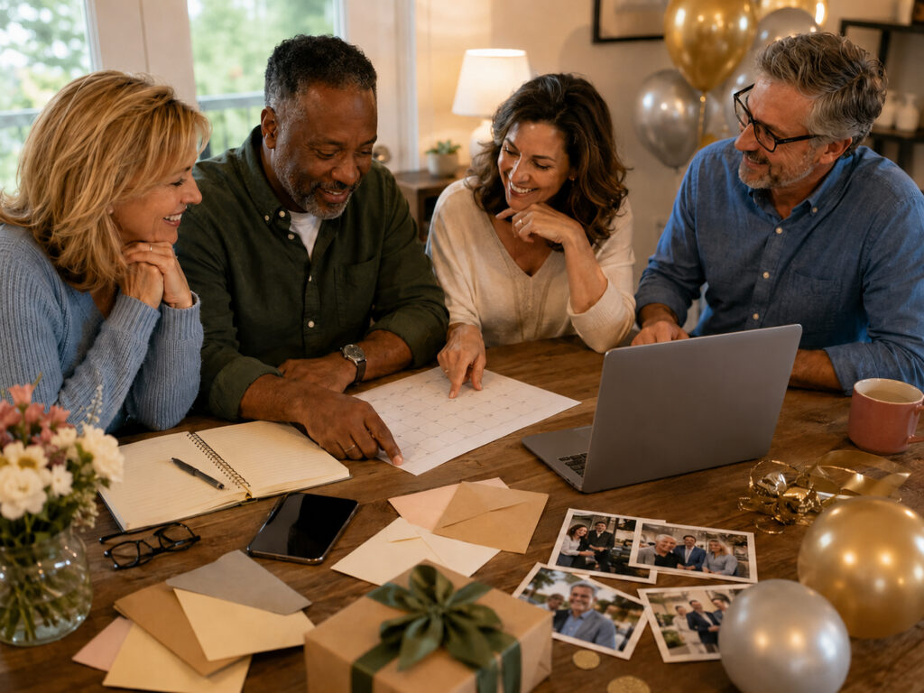 Cuatro personas planificando una celebración, señalando un calendario junto a un portátil, fotos impresas, sobres y globos
