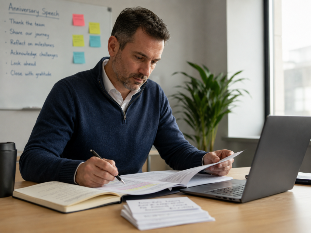 Profesional masculino preparando discurso tomando notas en documentos frente a laptop con pizarra de planificación de evento y notas adhesivas en oficina moderna