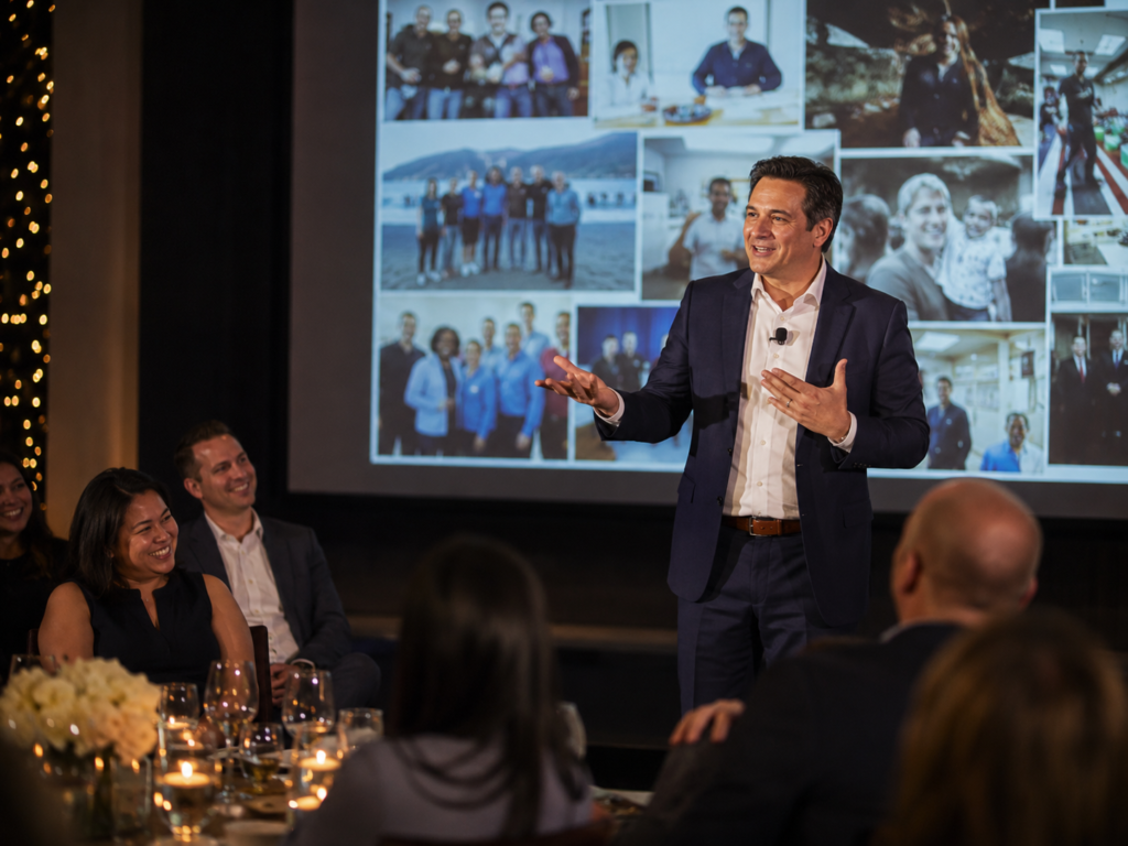 Ponente masculino con micrófono de solapa gesticulando con dinamismo ante audiencia sonriente durante cena de gala corporativa con proyección de collage de equipo en pantalla