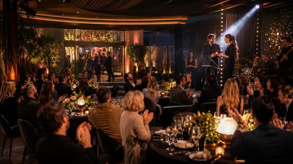 Invitados aplaudiendo durante ceremonia de premios en gala de empresa con cena, decoración de flores, velas y banda en directo en espacio de lujo