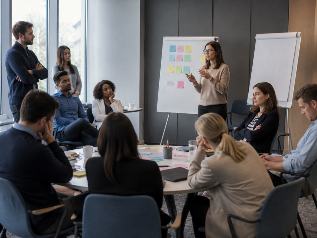 Equipo de profesionales participando en dinámica de team building con pizarra de notas adhesivas de colores y facilitadora explicando la actividad en sala de reuniones