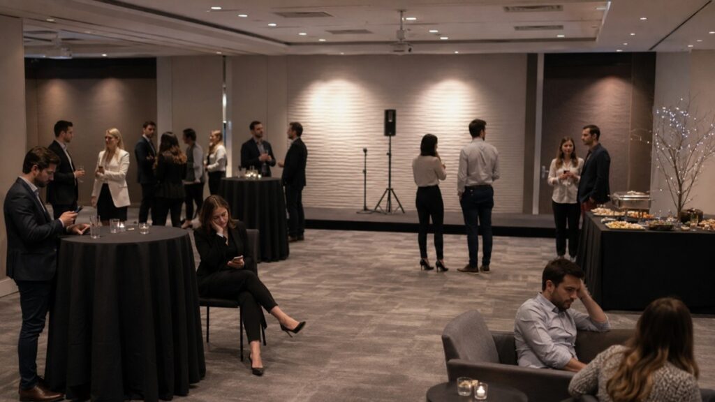 Profesionales en zona de networking durante fiesta de empresa en sala de hotel con buffet y mesas altas