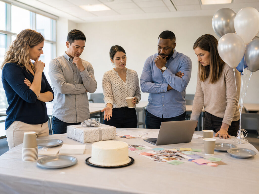Grupo reunido alrededor de una mesa con portátil, tarta, regalo, globos y fotos, conversando en la oficina