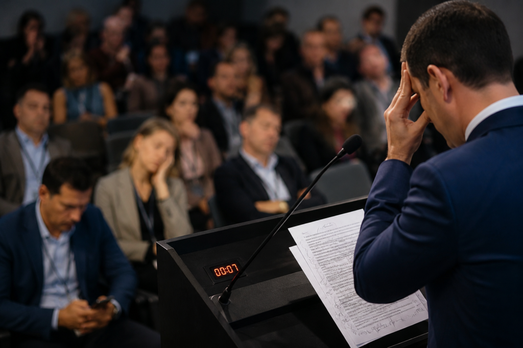 Ponente masculino de espaldas con traje azul marino en atril con micrófono y notas manuscritas consultando guion durante conferencia corporativa ante audiencia de profesionales con acreditaciones en auditorio