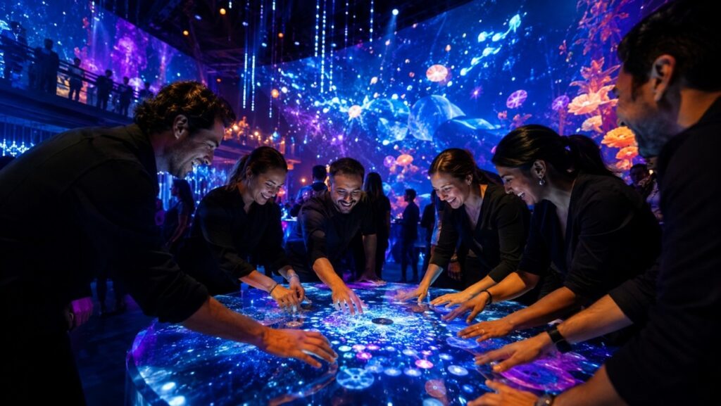 Grupo de compañeros interactuando con mesa LED táctil durante fiesta de empresa diferente con decoración inmersiva de proyecciones de medusas en azul y violeta