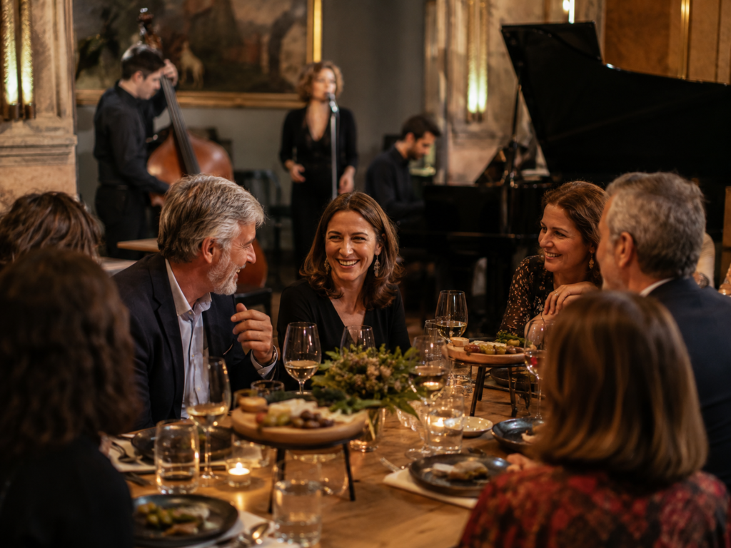 Grupo de invitados conversando y riendo durante una cena con música en vivo de piano, contrabajo y voz en un salón elegante