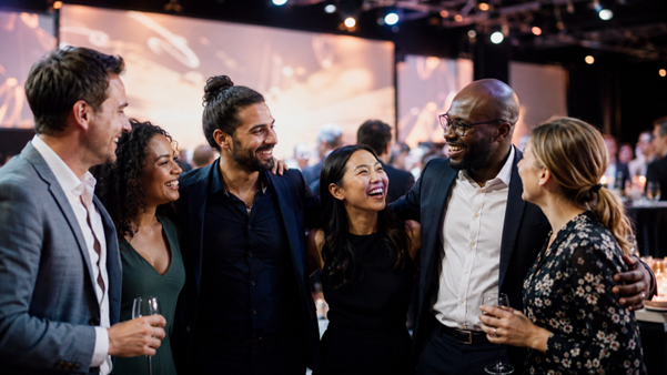 Grupo de compañeros riendo y disfrutando de una fiesta de empresa en gala corporativa con ambiente íntimo y mesas con velas al fondo