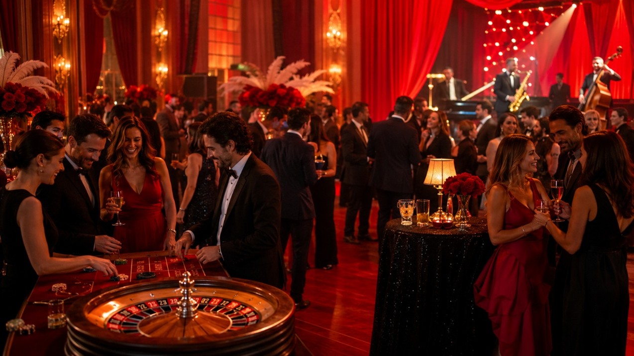 Fiesta de empresa con temática casino de lujo, con invitados elegantes disfrutando de mesa de ruleta, banda en directo y decoración en rojo con flores y plumas