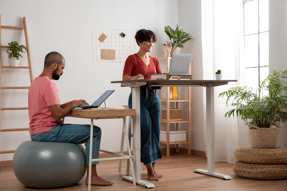 Dos personas trabajando en una oficina luminosa: una en pelota de ejercicio con portátil y otra en escritorio elevable junto a una ventana
