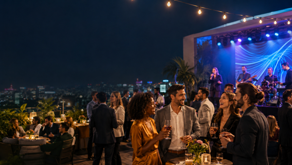 Invitados disfrutando de una fiesta de empresa en terraza rooftop por la noche con banda en directo, copas de vino y vistas a la ciudad
