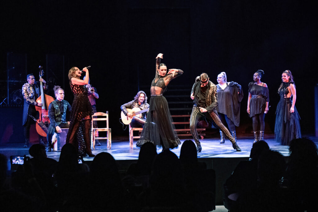 Bailaora de flamenco con vestido negro actuando junto a guitarrista y percusionista en el escenario