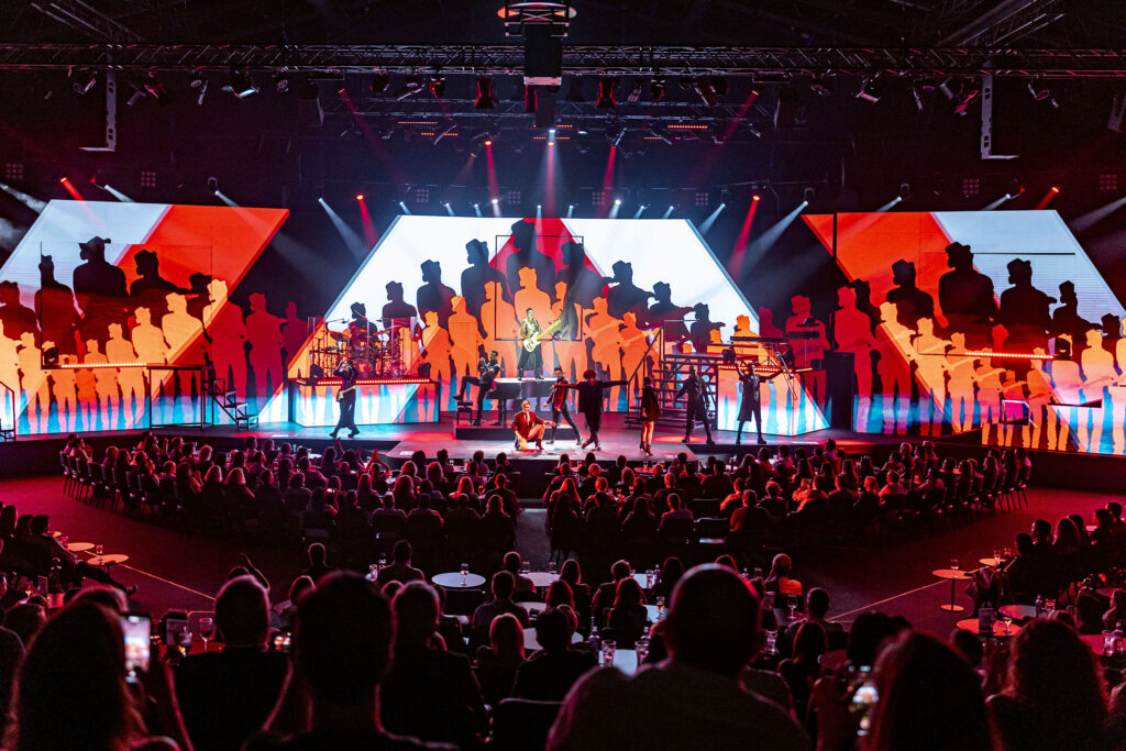 Vista panorámica del Main Show de WAH Madrid en IFEMA, con una banda de rock y bailarines sobre un escenario presidido por pantallas LED gigantes con siluetas naranjas, frente a un público sentado en mesas