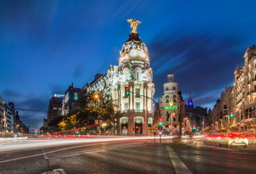 Madrid de noche durante el fin de semana de Fórmula 1 2026